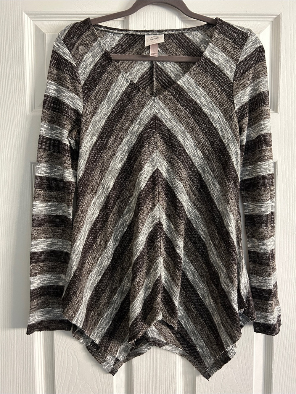 Knox Rose Brown Ivory Chevron Boho Handkerchief Hem Top S